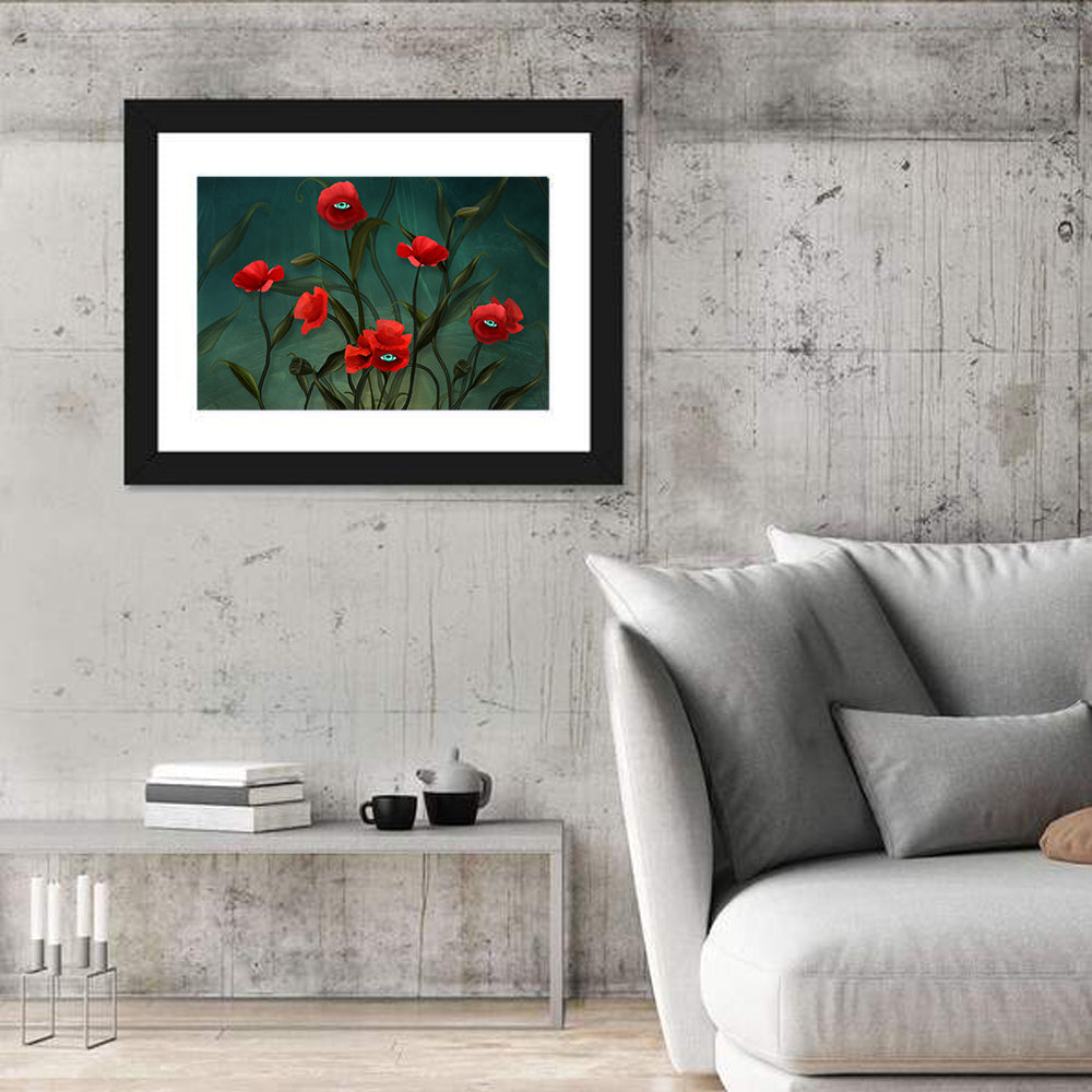 Surreal Poppies with Eyes Wall Art in a room, landscape