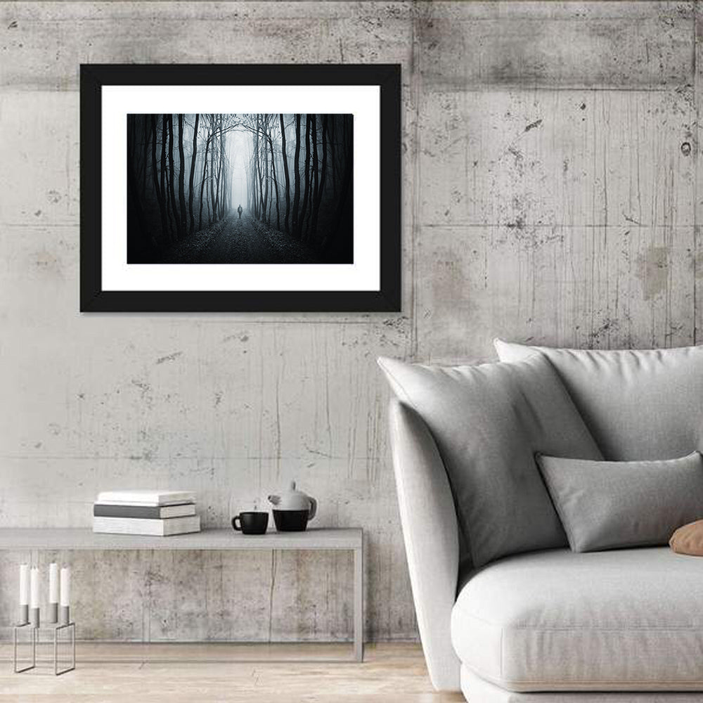 Strange Foggy Forest Path Wall Art in a room, landscape