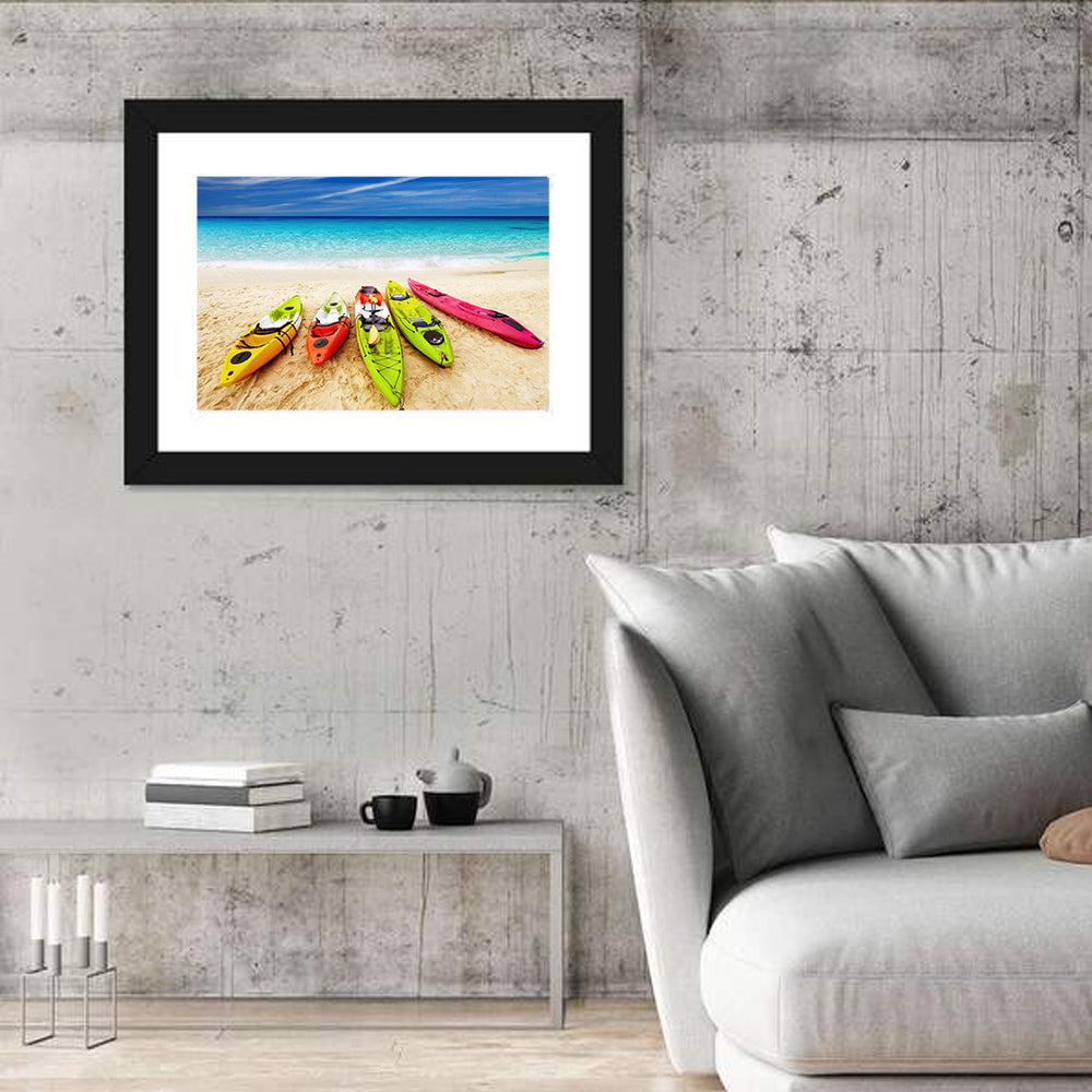 Five Colorful Kayaks on White Sand Wall Art in a room, landscape