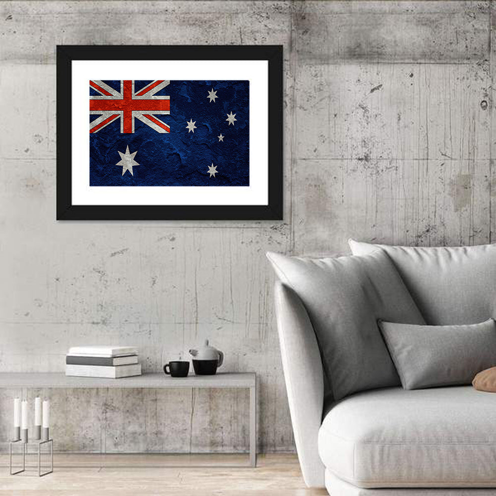 Distressed Australian Flag Wall Art in a room, landscape