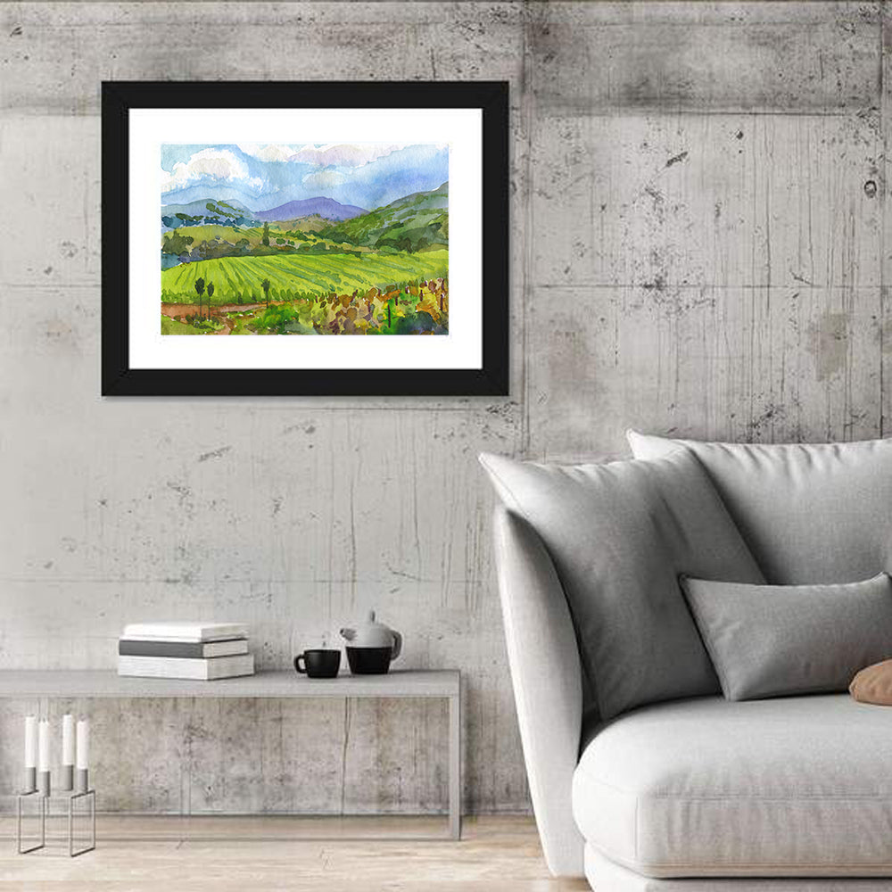 Countryside Vineyard Watercolor Wall Art in a room, landscape