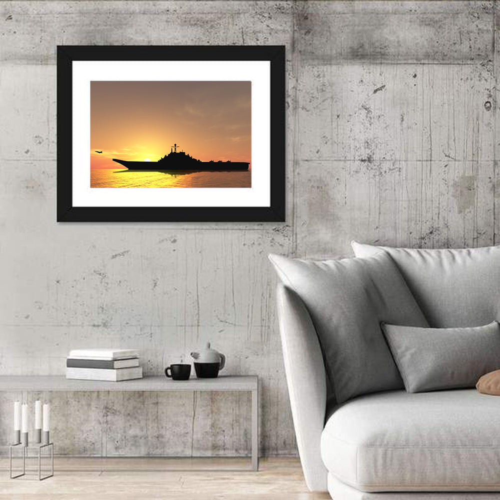 Aircraft Carrier at Sunset Wall Art in a room, landscape
