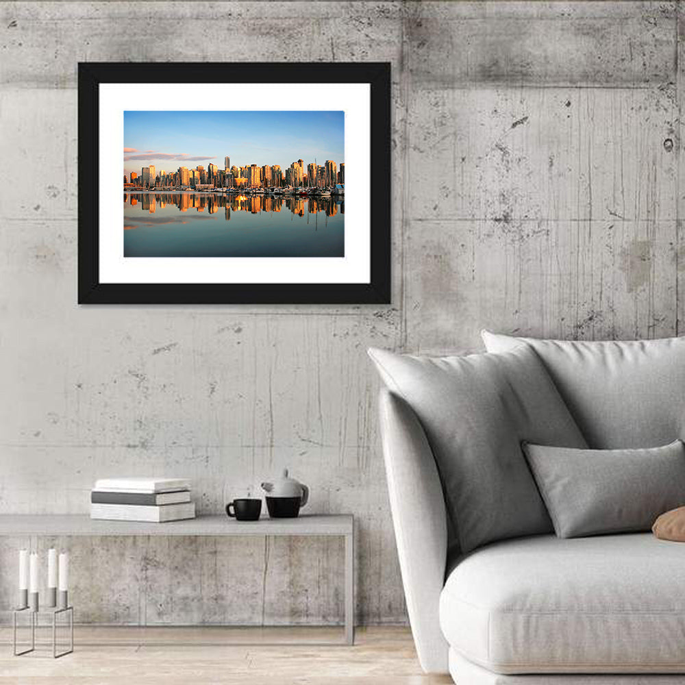 Coal Harbour Vancouver Skyline Wall Art in a room, landscape