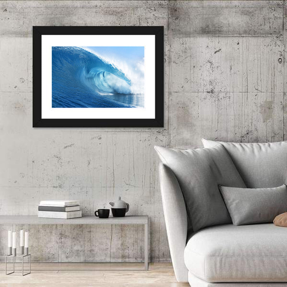 Blue Surf Barrel Wall Art in a room, landscape
