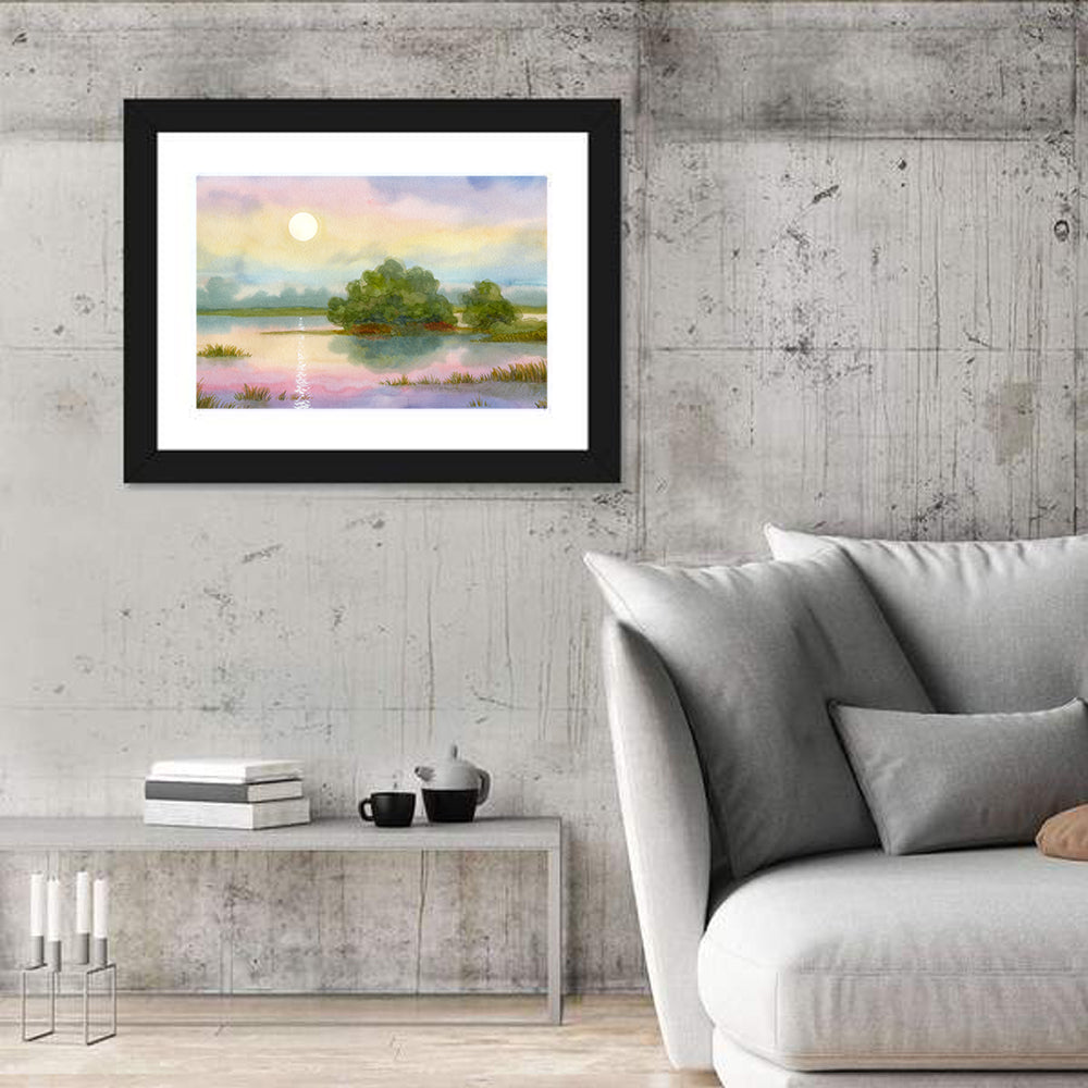 Golden Hour Sunrise Over Lake Wall Art in a room, landscape