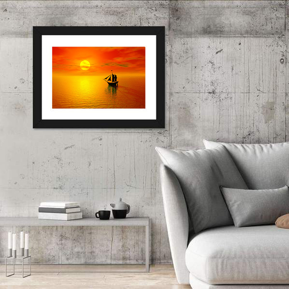 Old Sailboat Silhouette at Sunset Wall Art
