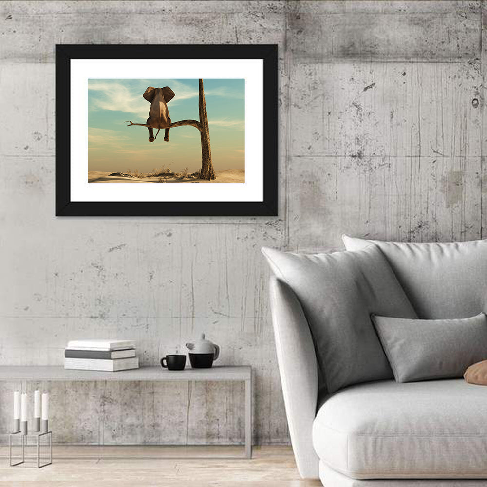 Solitary Elephant on a Tree Branch Wall Art in a room, landscape