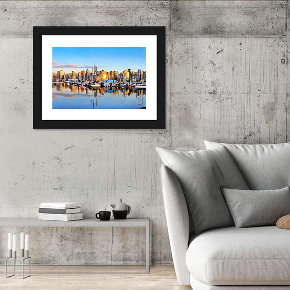 Vancouver Coal Harbour Sunset Skyline Wall Art in a room, landscape