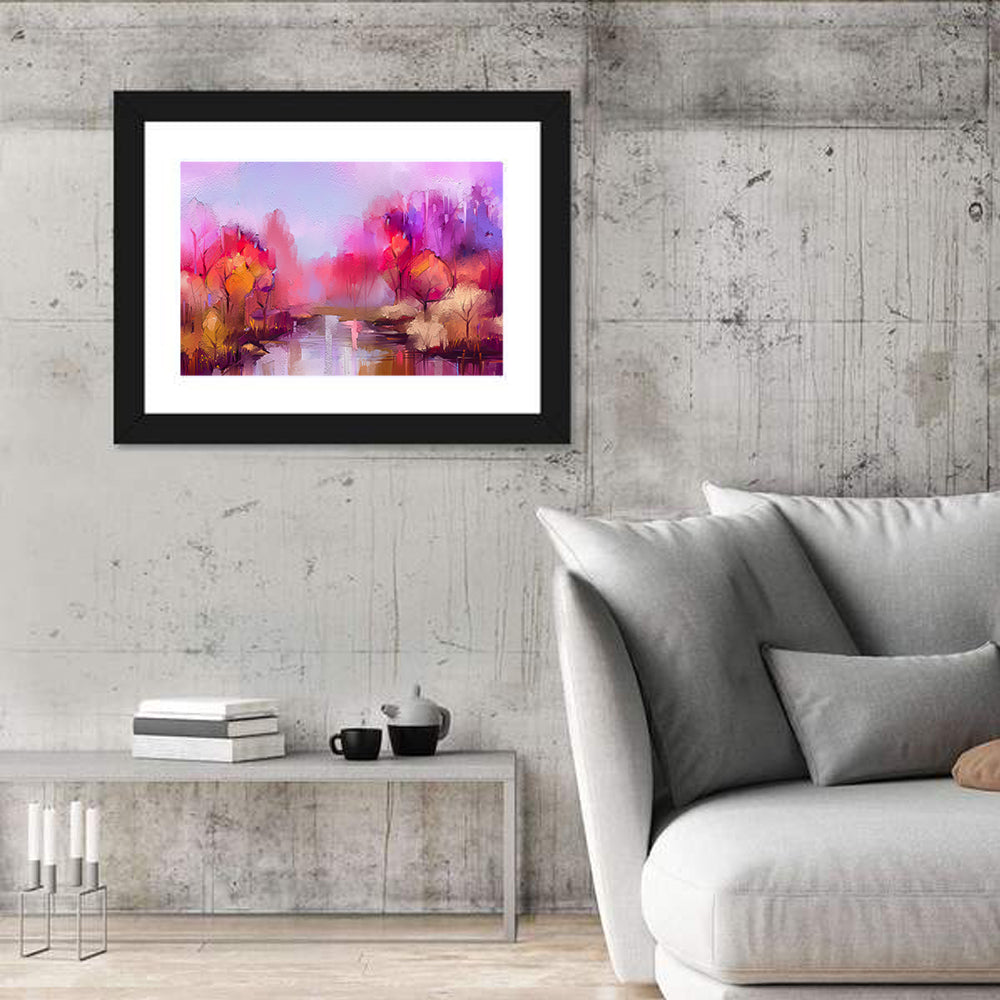 Autumn Forest Reflection Oil Painting Wall Art in a room, landscape