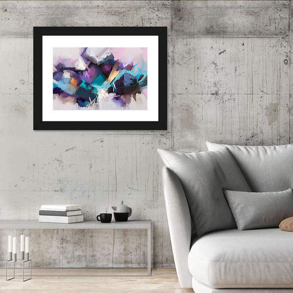 Impasto Texture Abstract in Purple and Teal Wall Art in a room, landscape