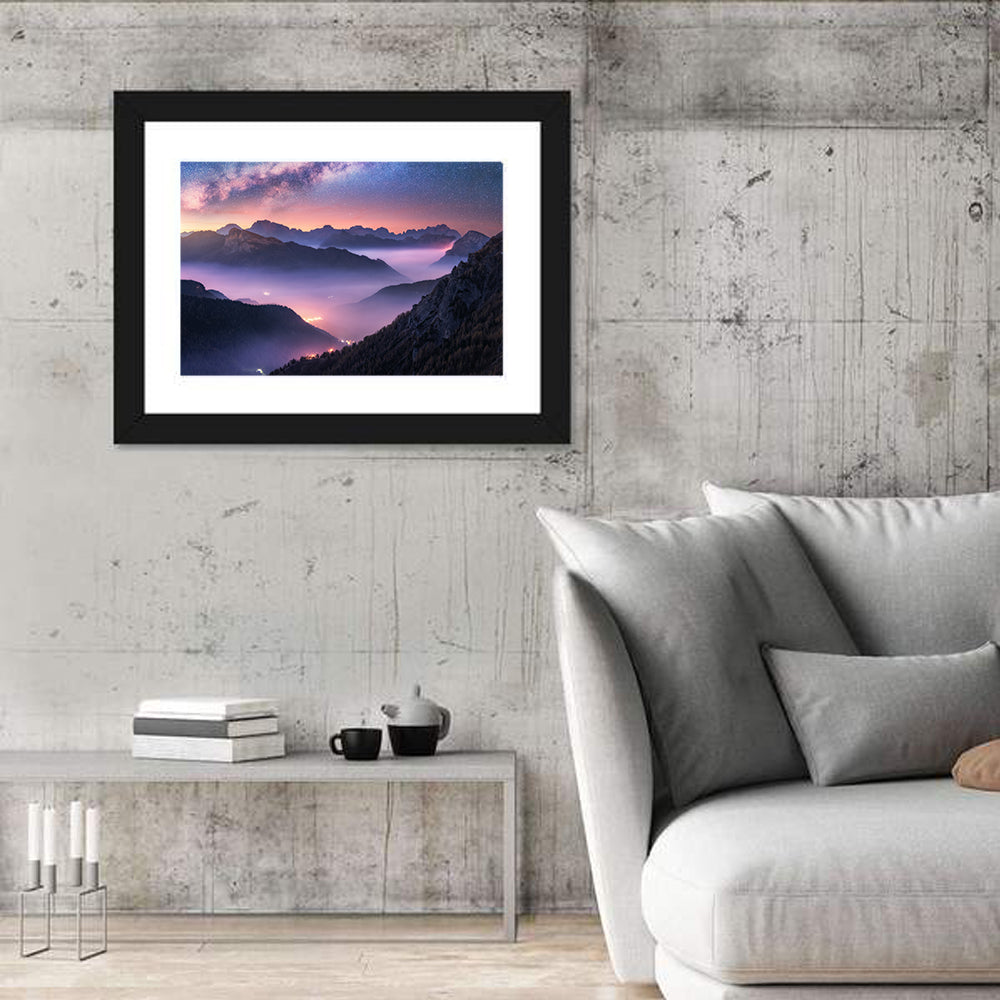 Misty Italian Mountains Under the Milky Way Wall Art in a room, landscape