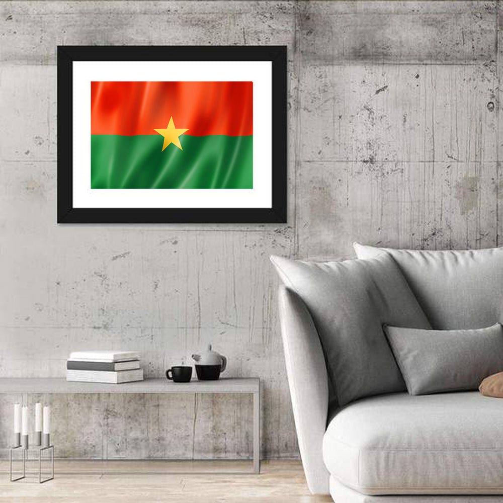 Burkina Faso Flag with Wavy Texture Wall Art in a room, landscape