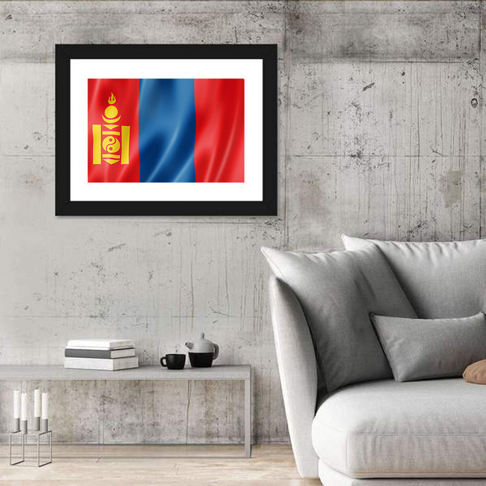 Mongolian Flag with Soyombo Emblem Wall Art in a room, landscape