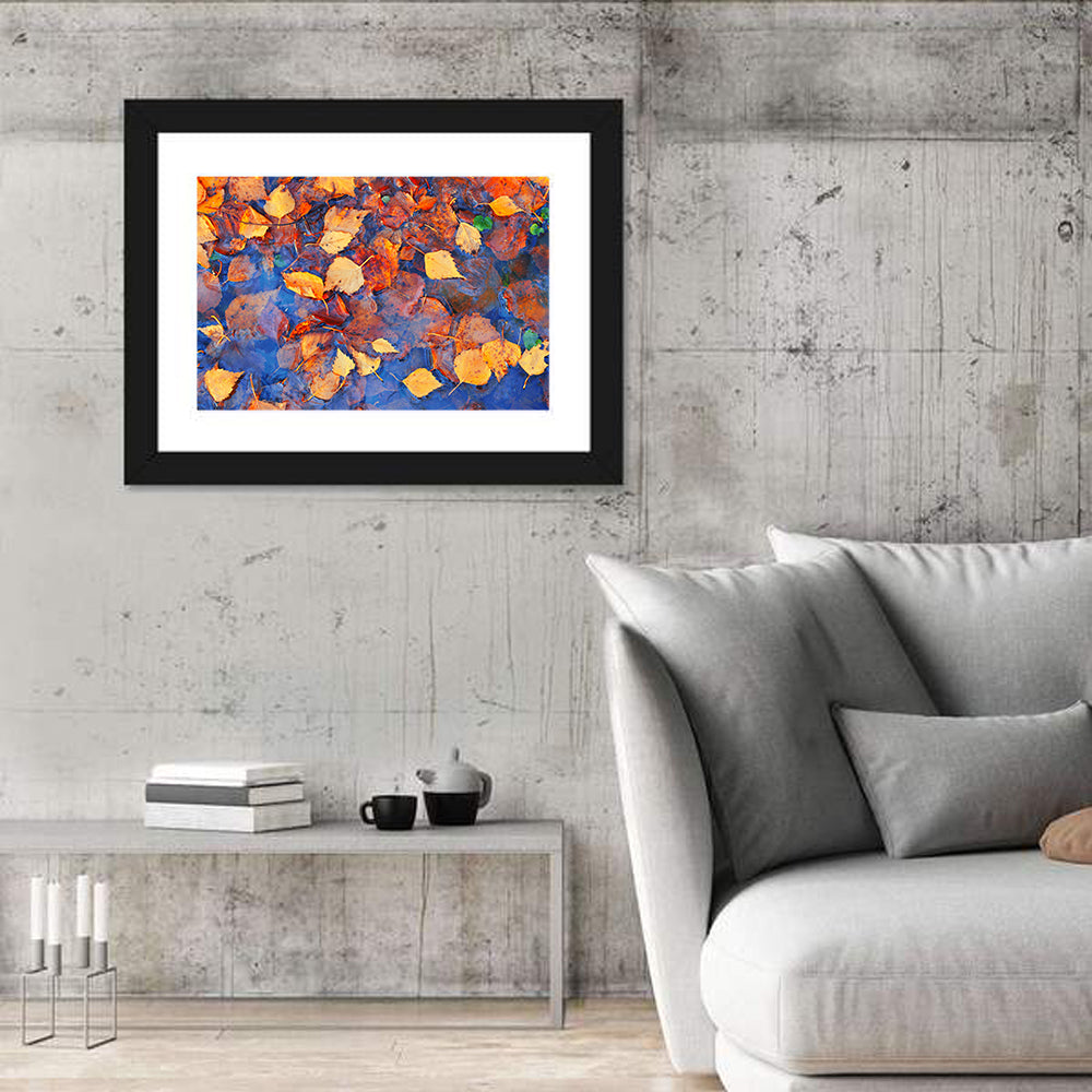 Birch Leaves in Rain Puddle Wall Art in a room, landscape