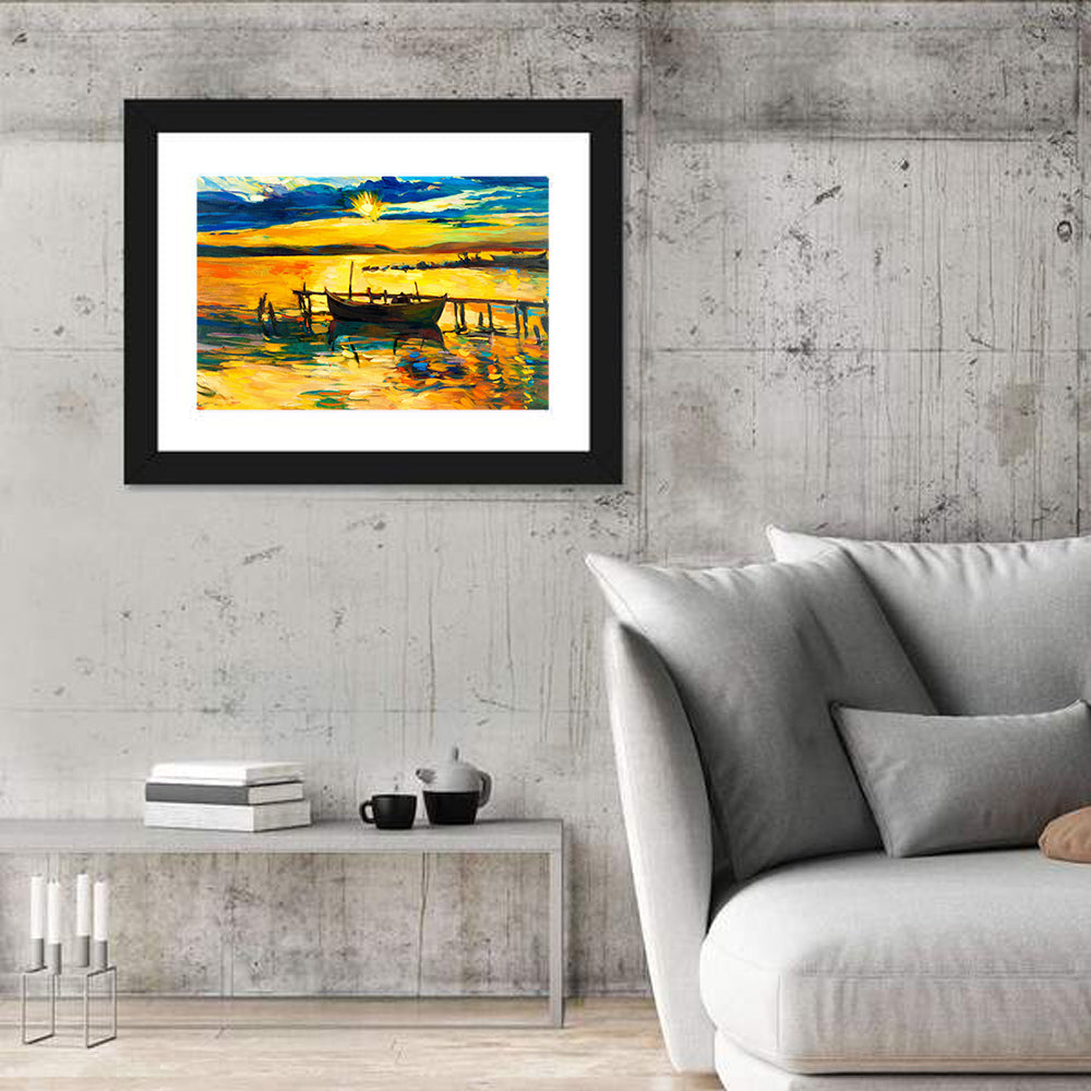 Sunset Boat at Jetty Oil Painting Wall Art in a room, landscape