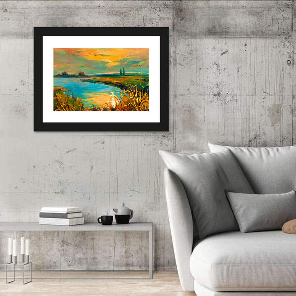 Rural Lake at Sunset Wall Art in a room, landscape