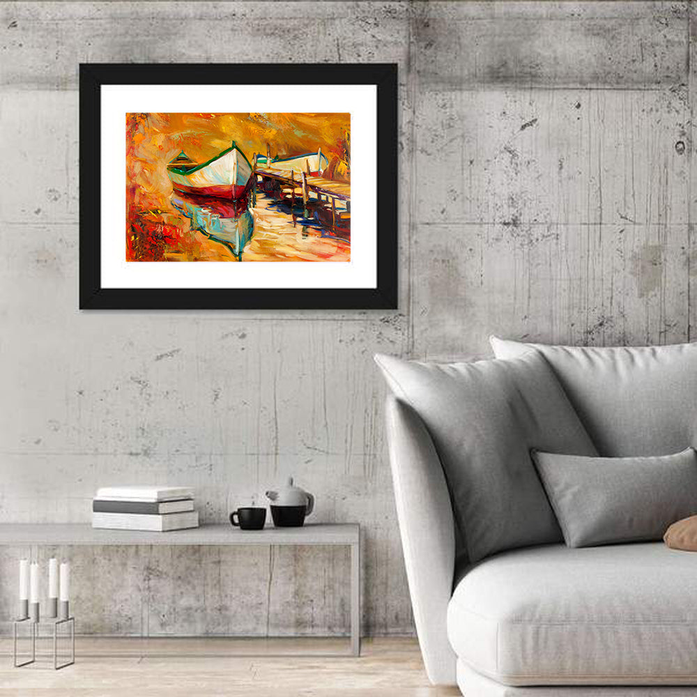 Boat at Jetty with Reflection Wall Art in a room, landscape