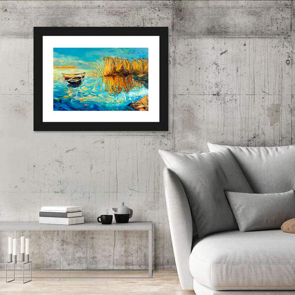 Rowboats and Reeds on Blue Lake Wall Art
