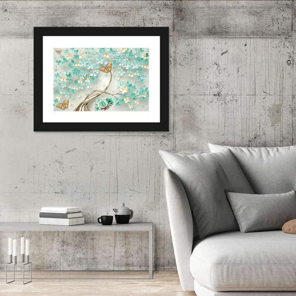 Teal and Gold Floral Abstraction Wall Art in a room, landscape