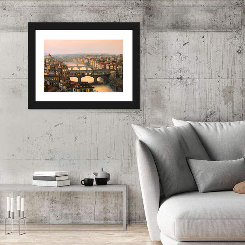 Florence Sunset Over Ponte Vecchio Wall Art in a room, landscape