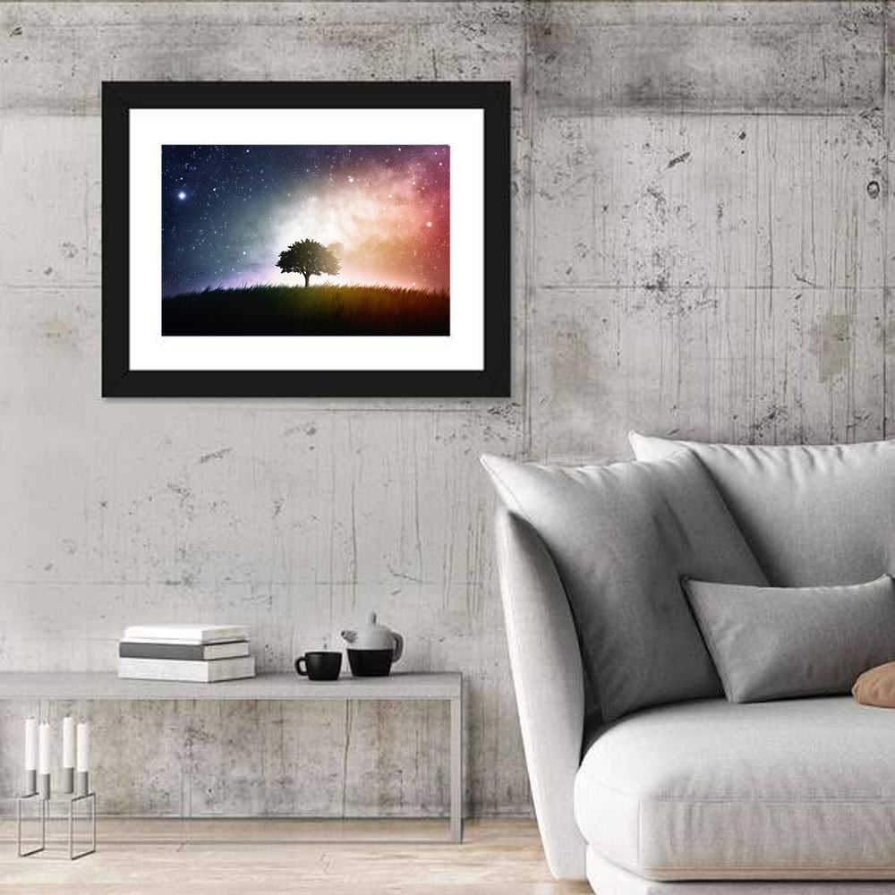 Tree Silhouette Under Nebula Sky Wall Art in a room, landscape