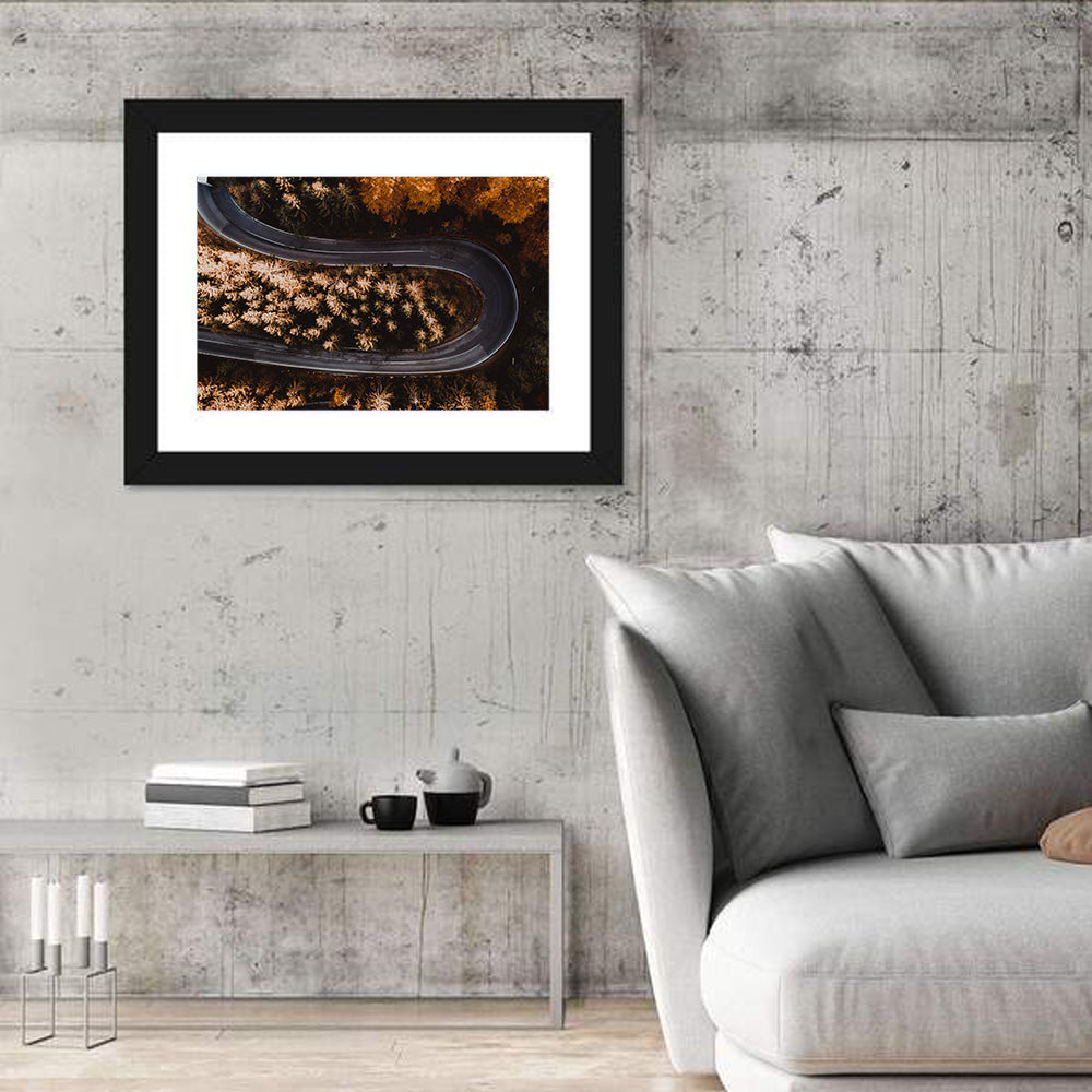 Hairpin Turn in Autumn Forest Wall Art in a room, landscape