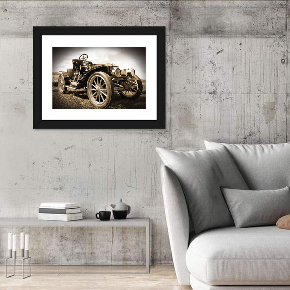 Sepia Vintage Roadster Side Profile Wall Art in a room, landscape