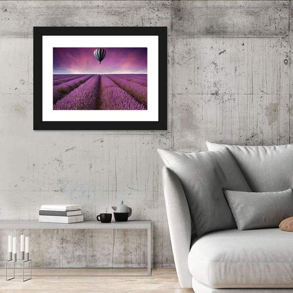 Hot Air Balloon Over Lavender Field Wall Art in a room, landscape
