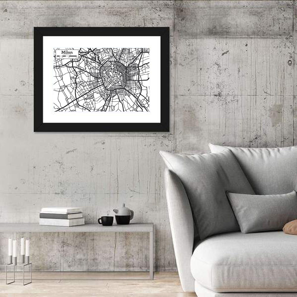 Milan City Map Monochrome Wall Art in a room, landscape