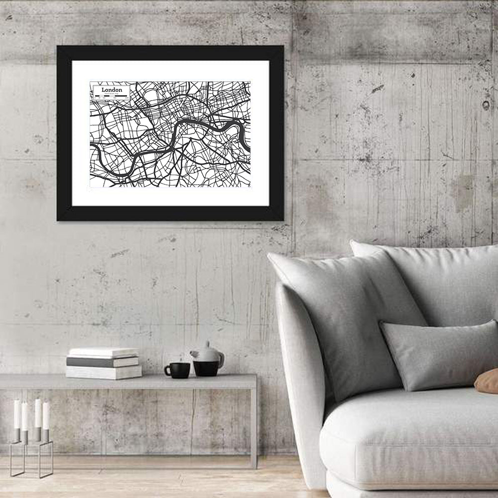 Hand Drawn London Map Wall Art in a room, landscape