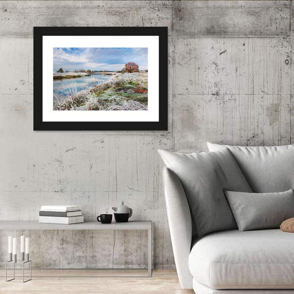 Frosted Autumn River Landscape Wall Art in a room, landscape