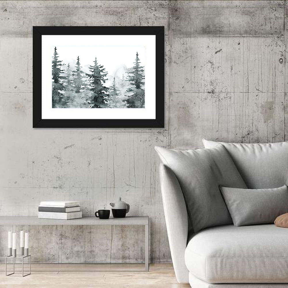 Snowy Pine and Spruce Forest Wall Art in a room, landscape