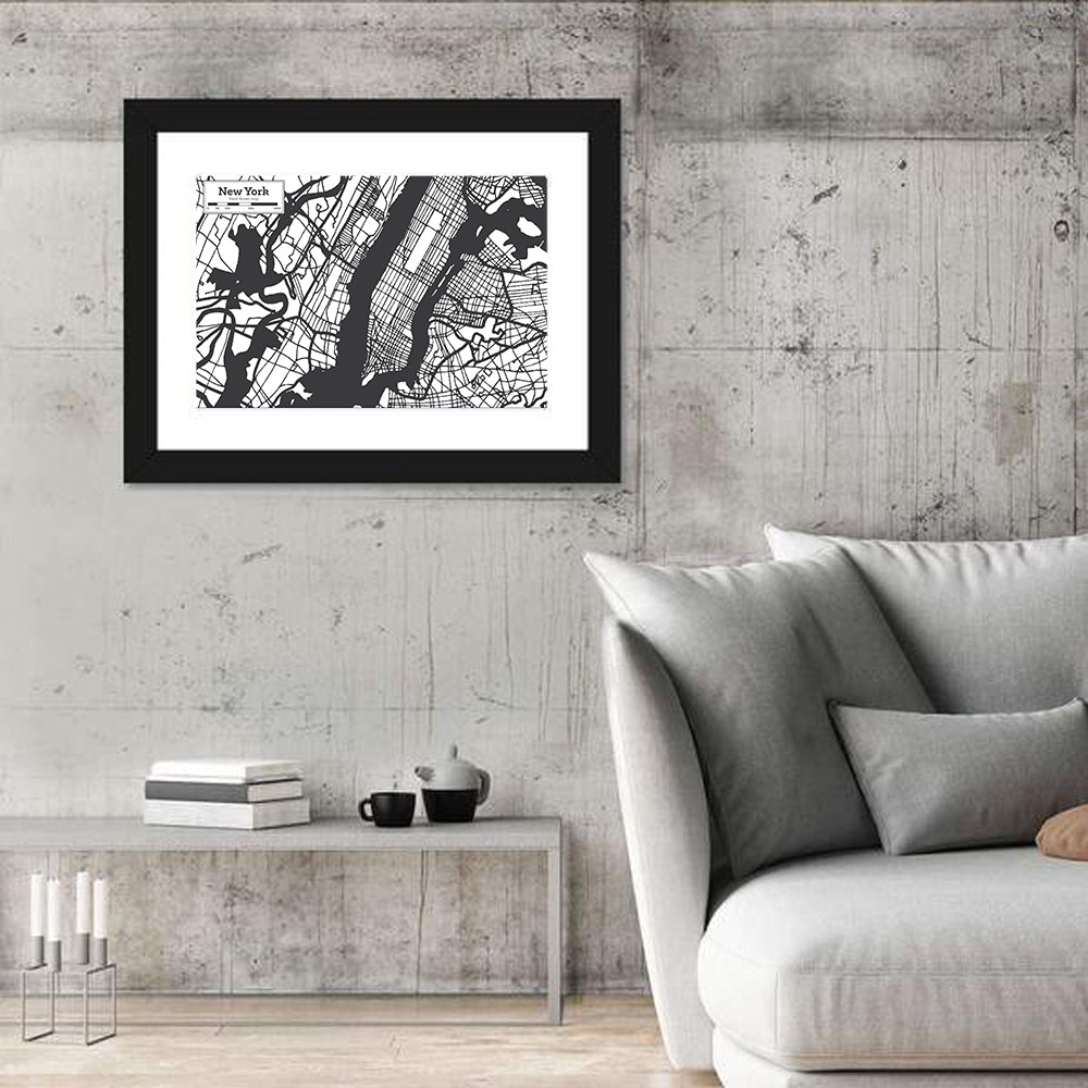 New York City Map Black and White Wall Art in a room, landscape