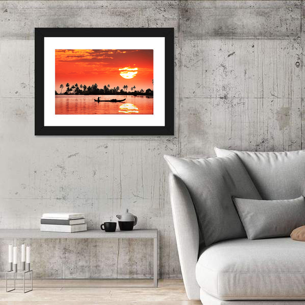 Boat and Fisherman Silhouette Wall Art in a room, landscape