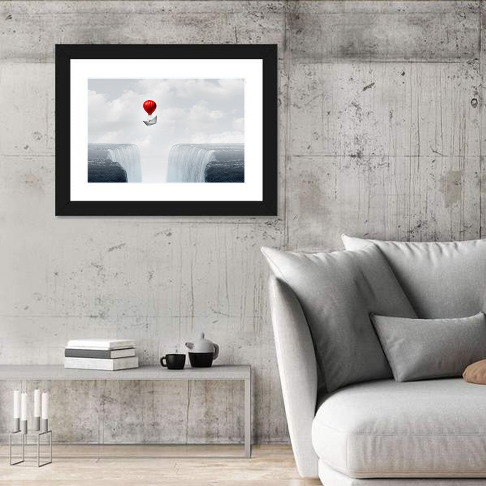 Paper Boat Suspended by Red Balloon Wall Art in a room, landscape