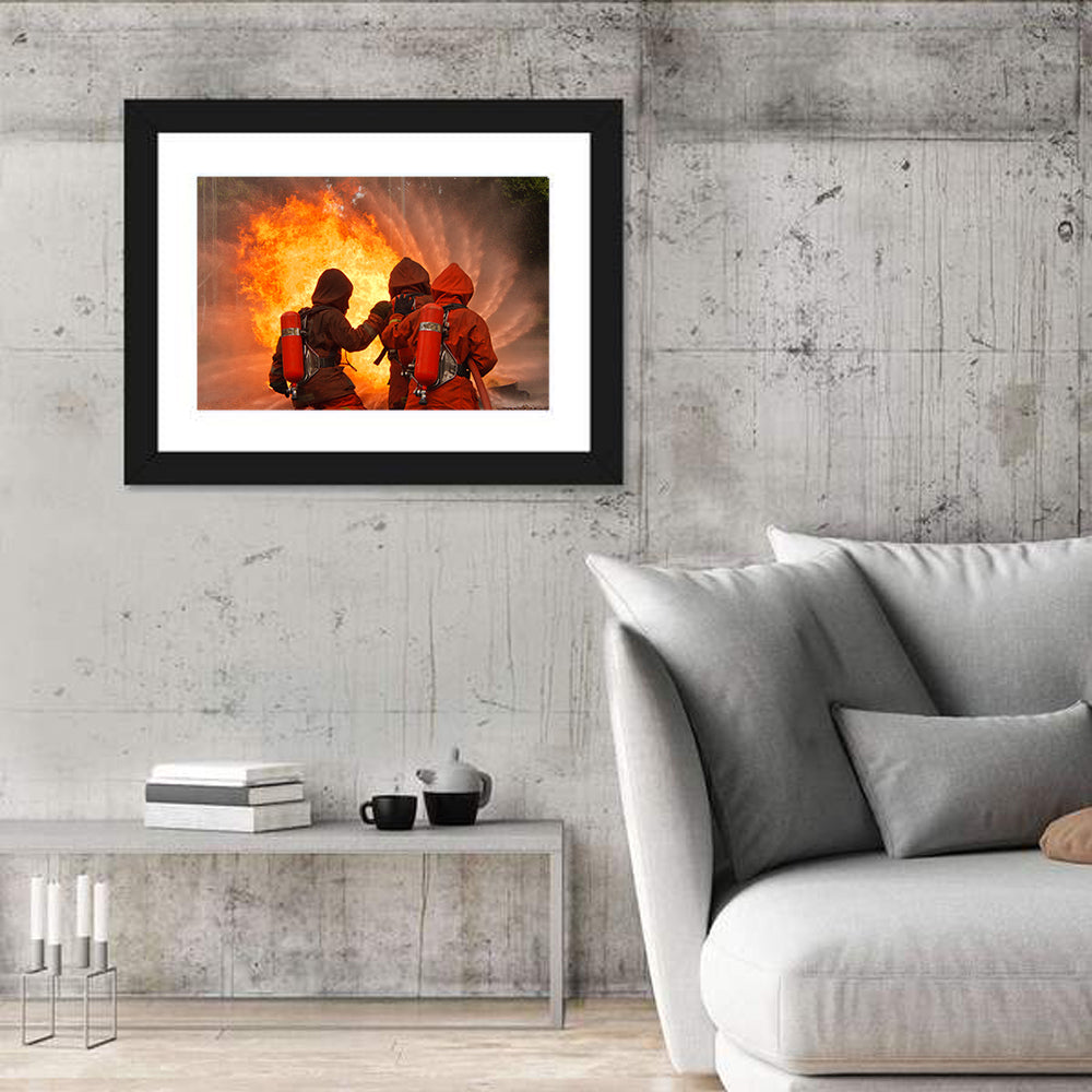 Three Firefighters Training Drill Wall Art in a room, landscape