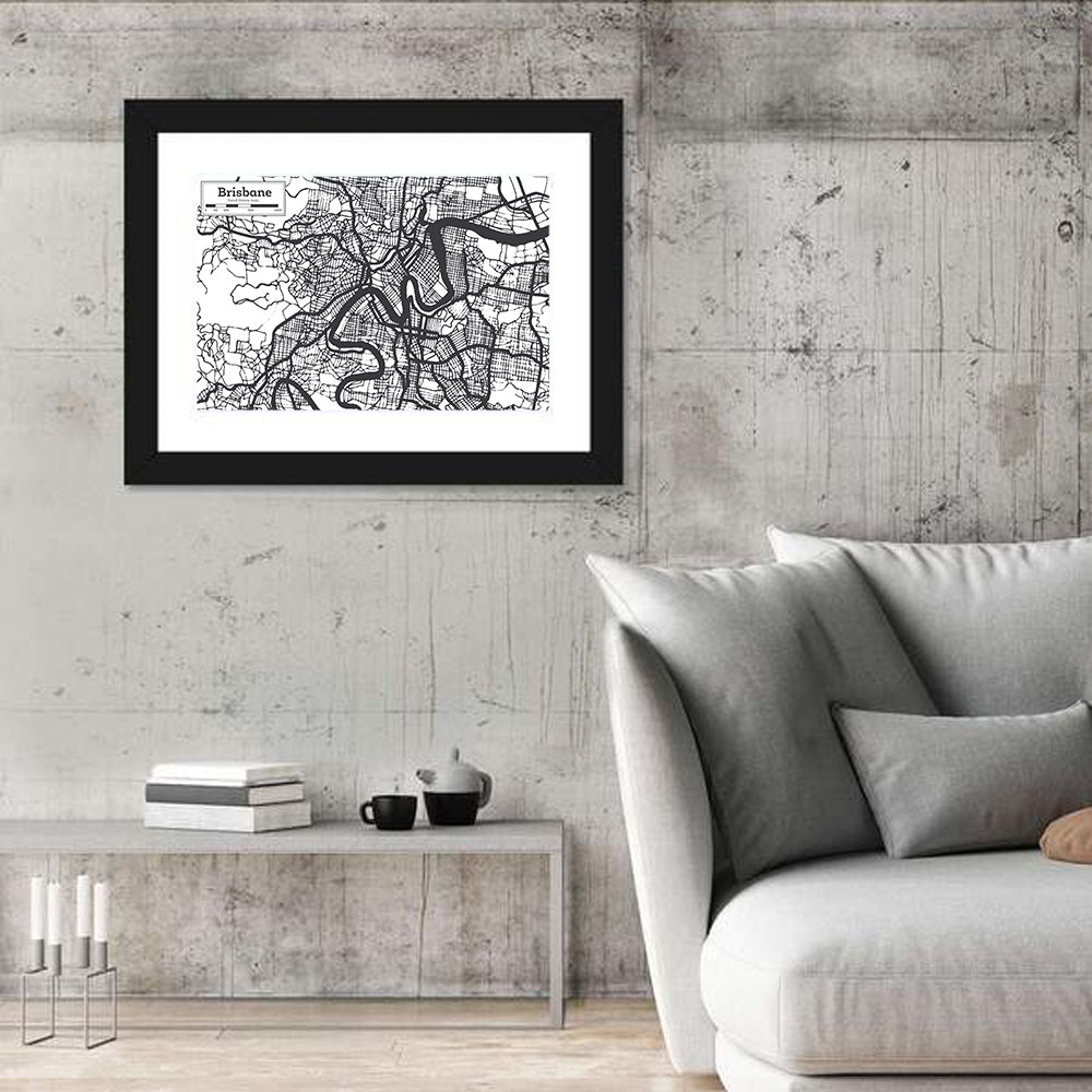 Brisbane Hand-drawn City Map Wall Art in a room, landscape