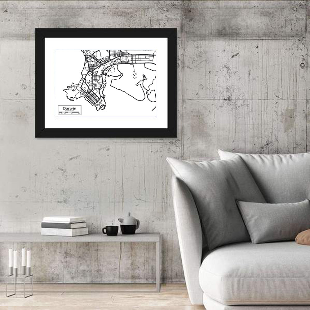 Darwin Minimalist City Map Wall Art in a room, landscape