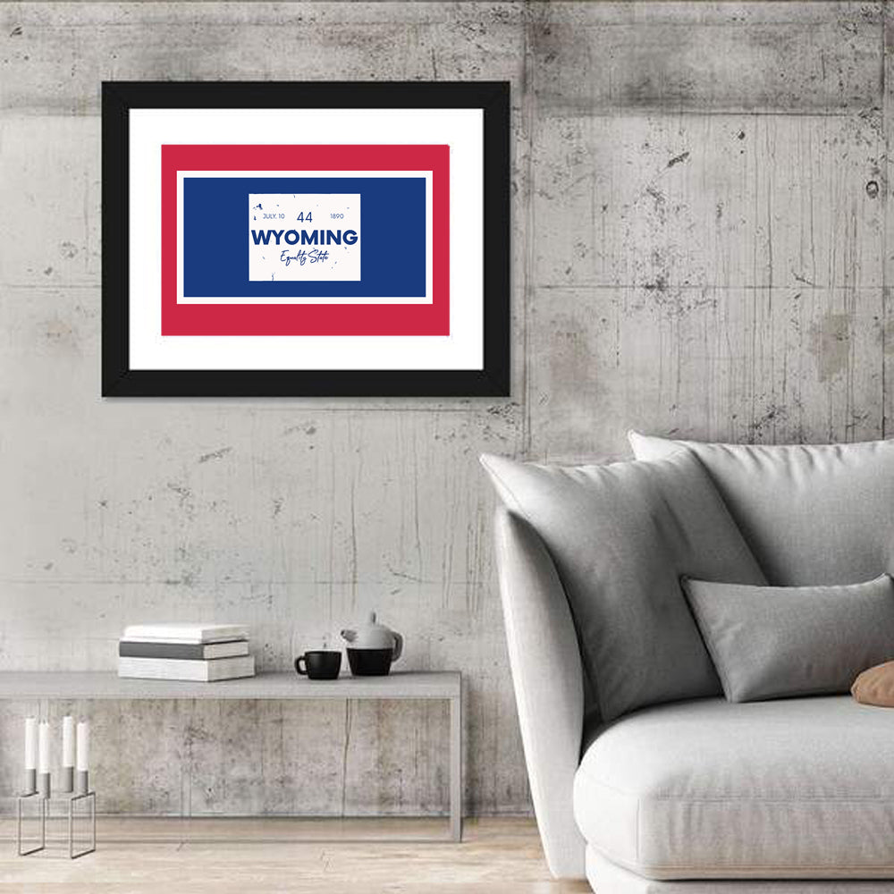 Wyoming Typographic Map Wall Art in a room, landscape