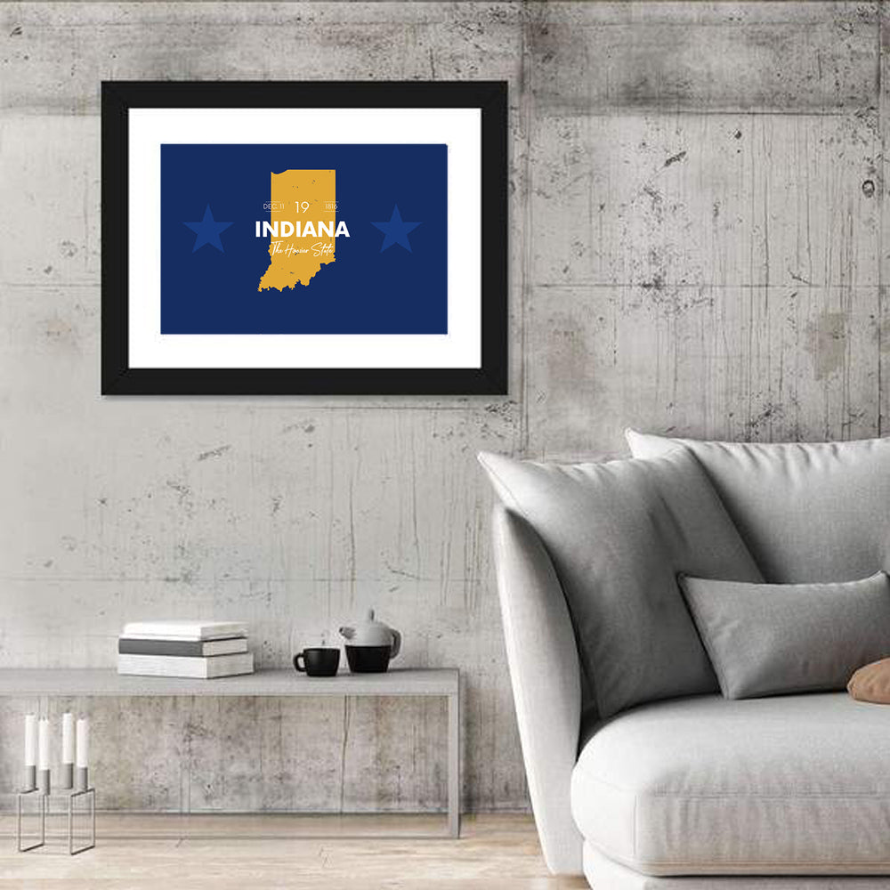 Indiana Typographic Map Wall Art in a room, landscape