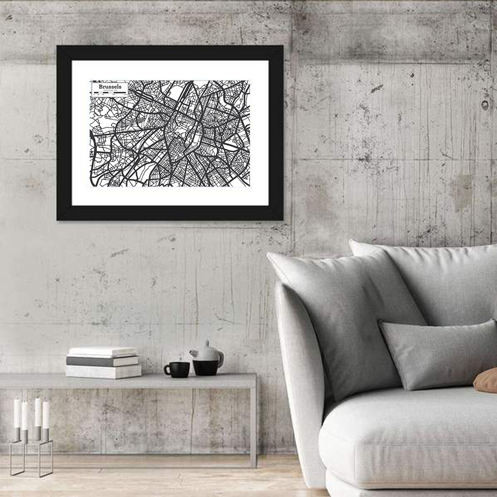Brussels Hand Drawn City Map Wall Art in a room, landscape