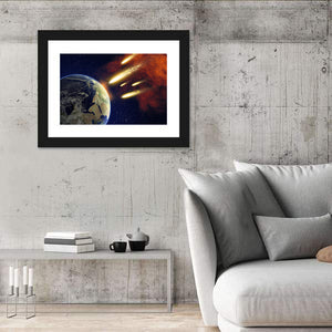 Earth & Flying Asteroids In Space Wall Art