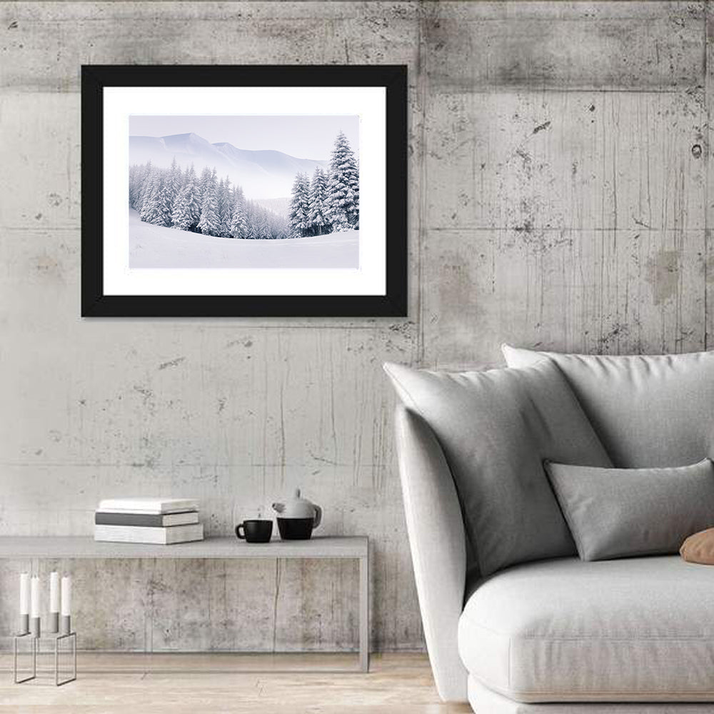 Foggy Winter Mountains Wall Art in a room, landscape