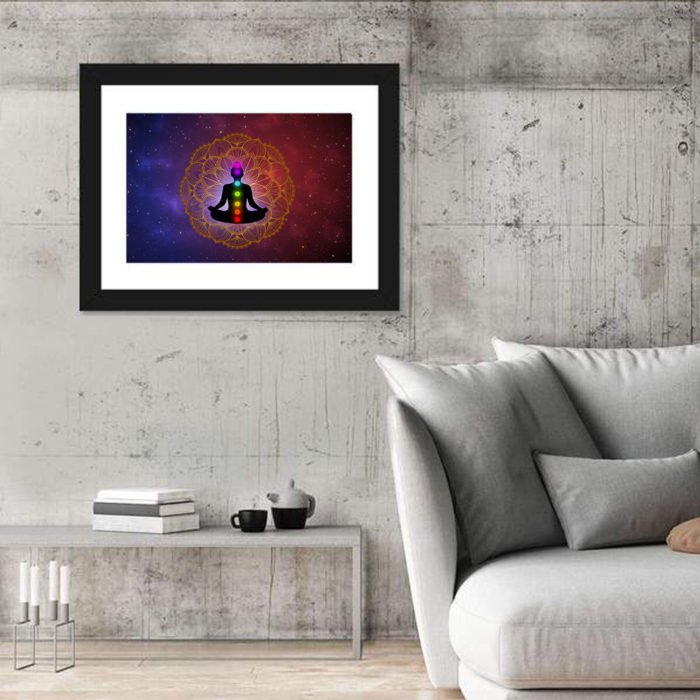 Meditation Man with Golden Mandala Wall Art in a room, landscape