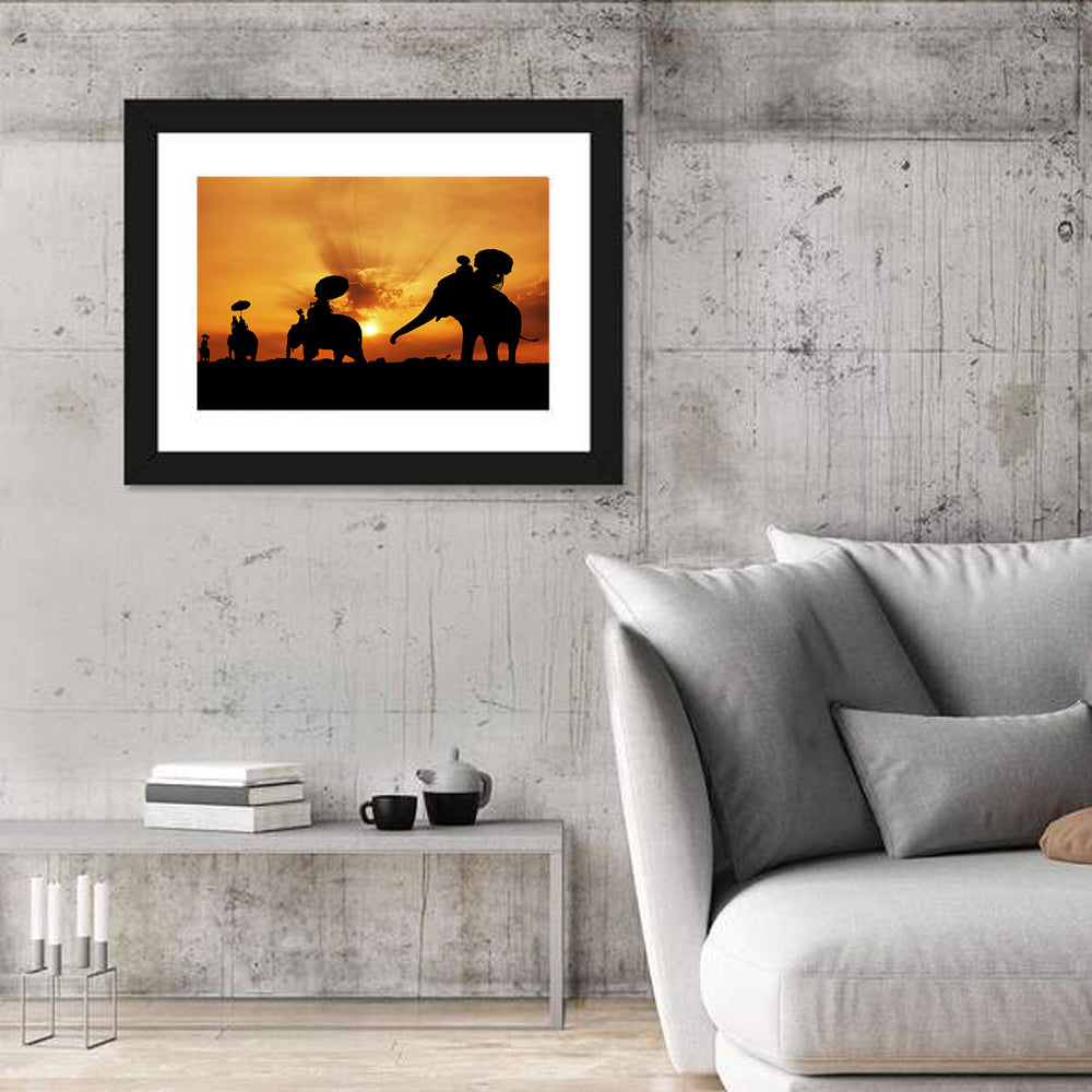 Thai Sunset Elephant Silhouette Wall Art in a room, landscape