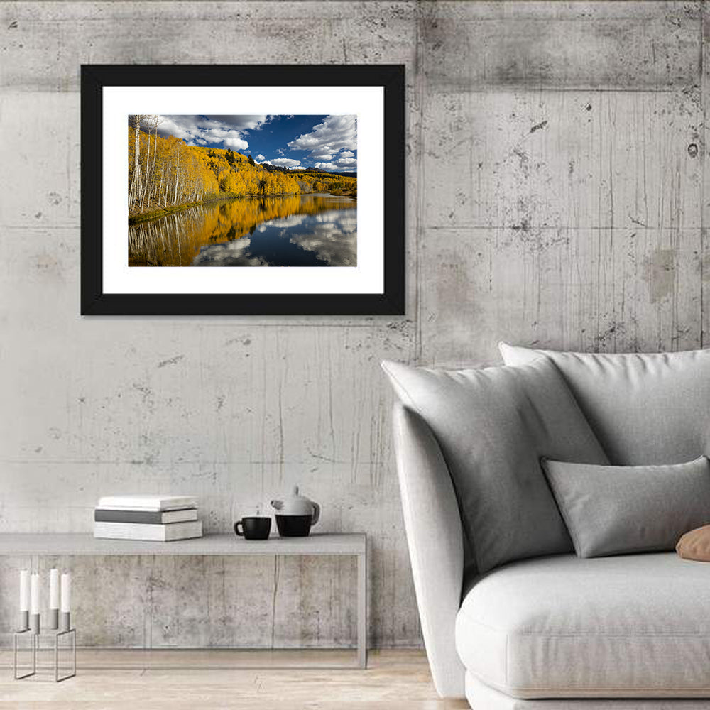 Cushman Lake Golden Aspens Wall Art in a room, landscape