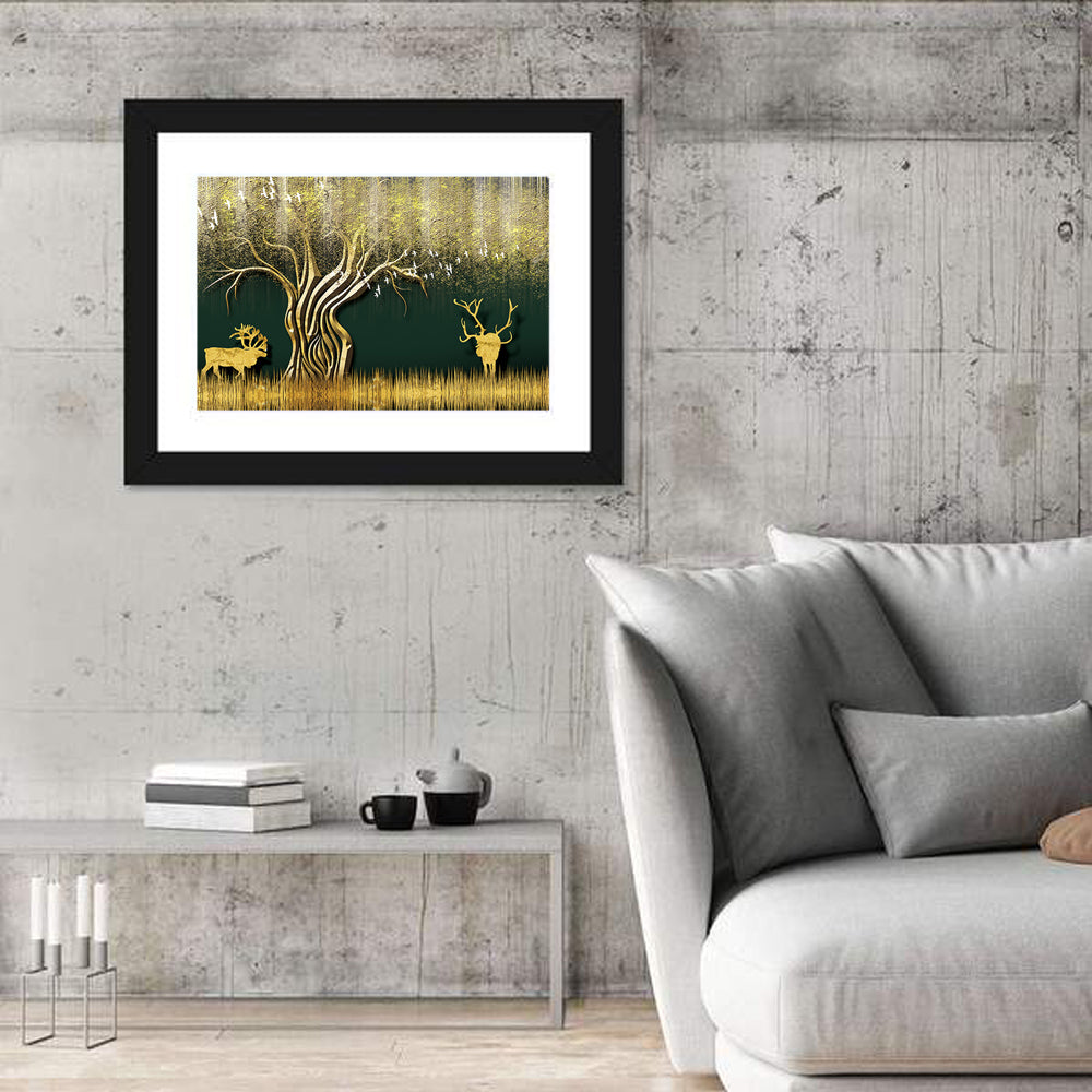 Golden Jungle Deer Scene Wall Art