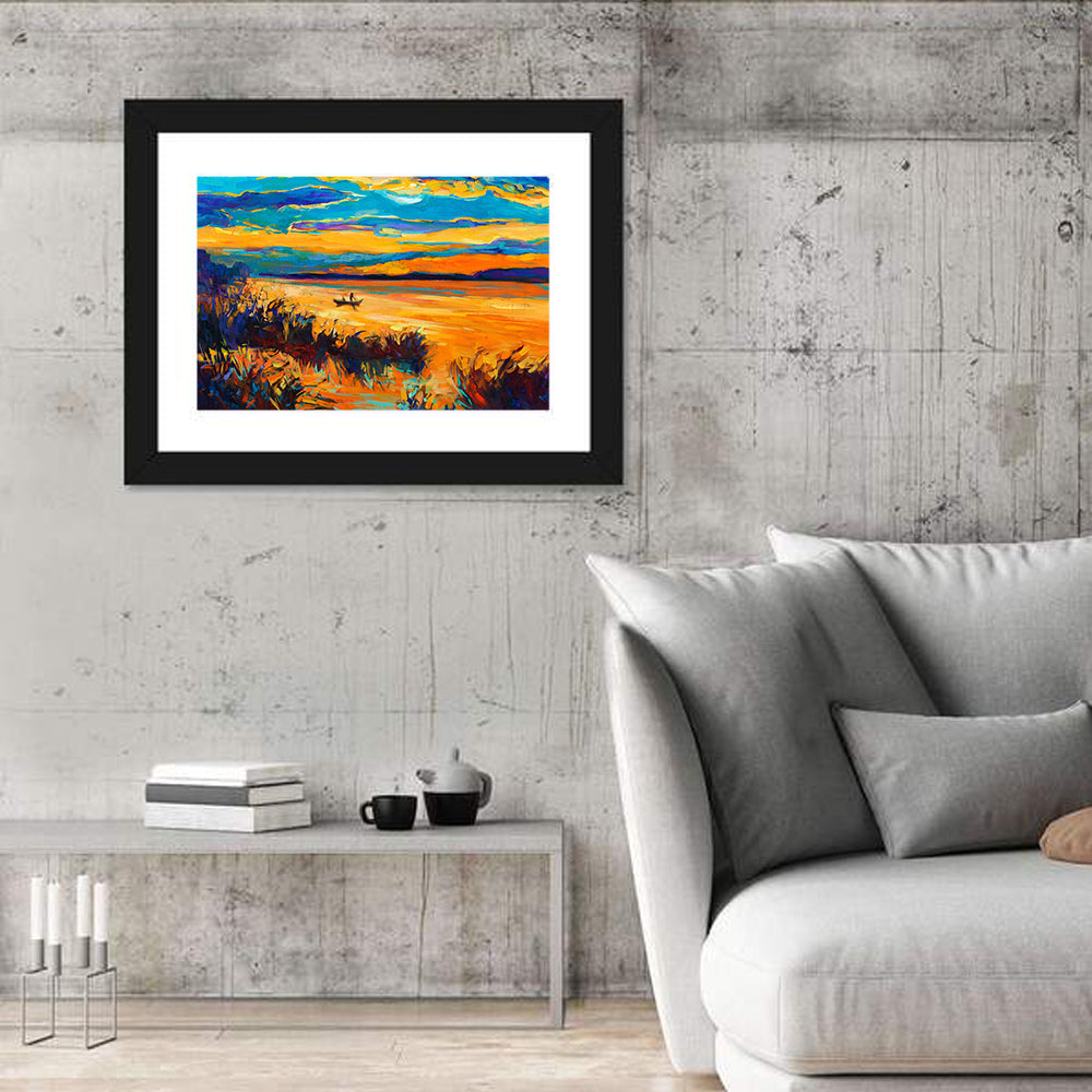 Impressionist Lake Sunset Wall Art in a room, landscape
