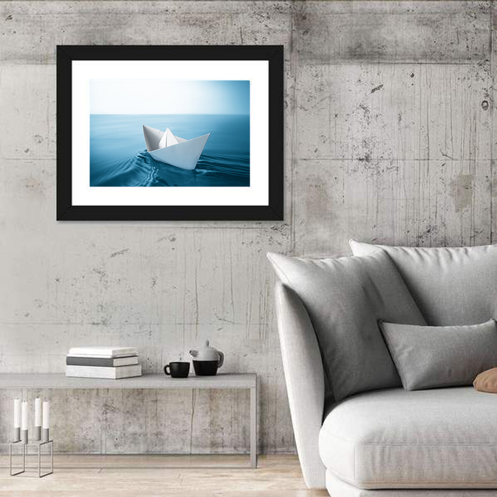 Paper Sailboat on Blue Water Wall Art