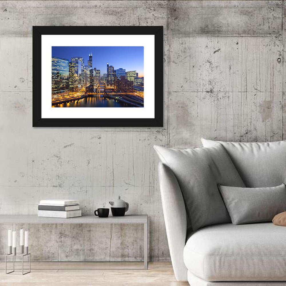 Chicago River Night Skyline Wall Art in a room, landscape